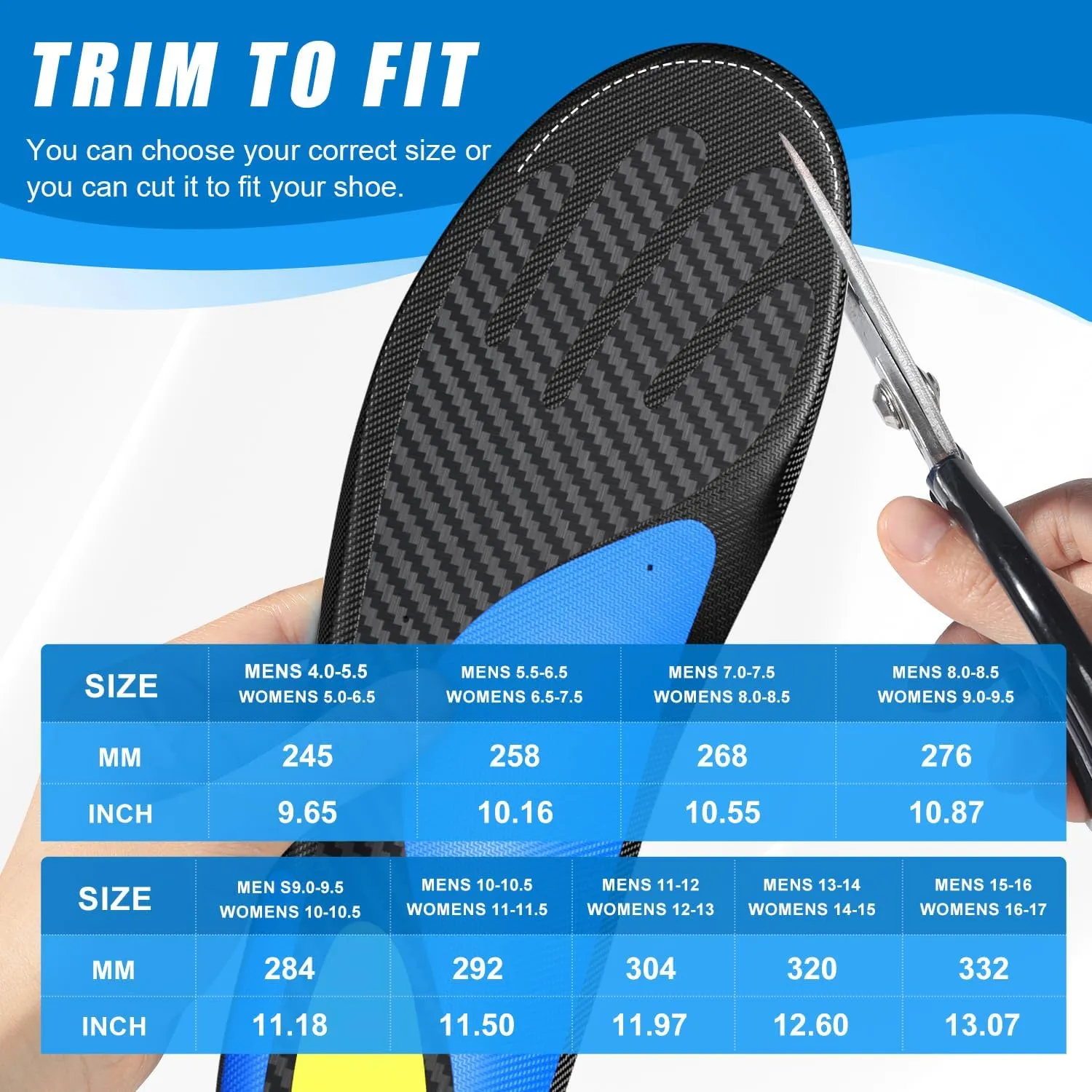 Carbon Fiber Insole with Arch Support for Long Periods of Standing, Jogging, Hiking and Other Outdoor Sports, as Well as a Work Boot Insole. (Blue, M：11.5/12丨W：12.5/13（310mm）)