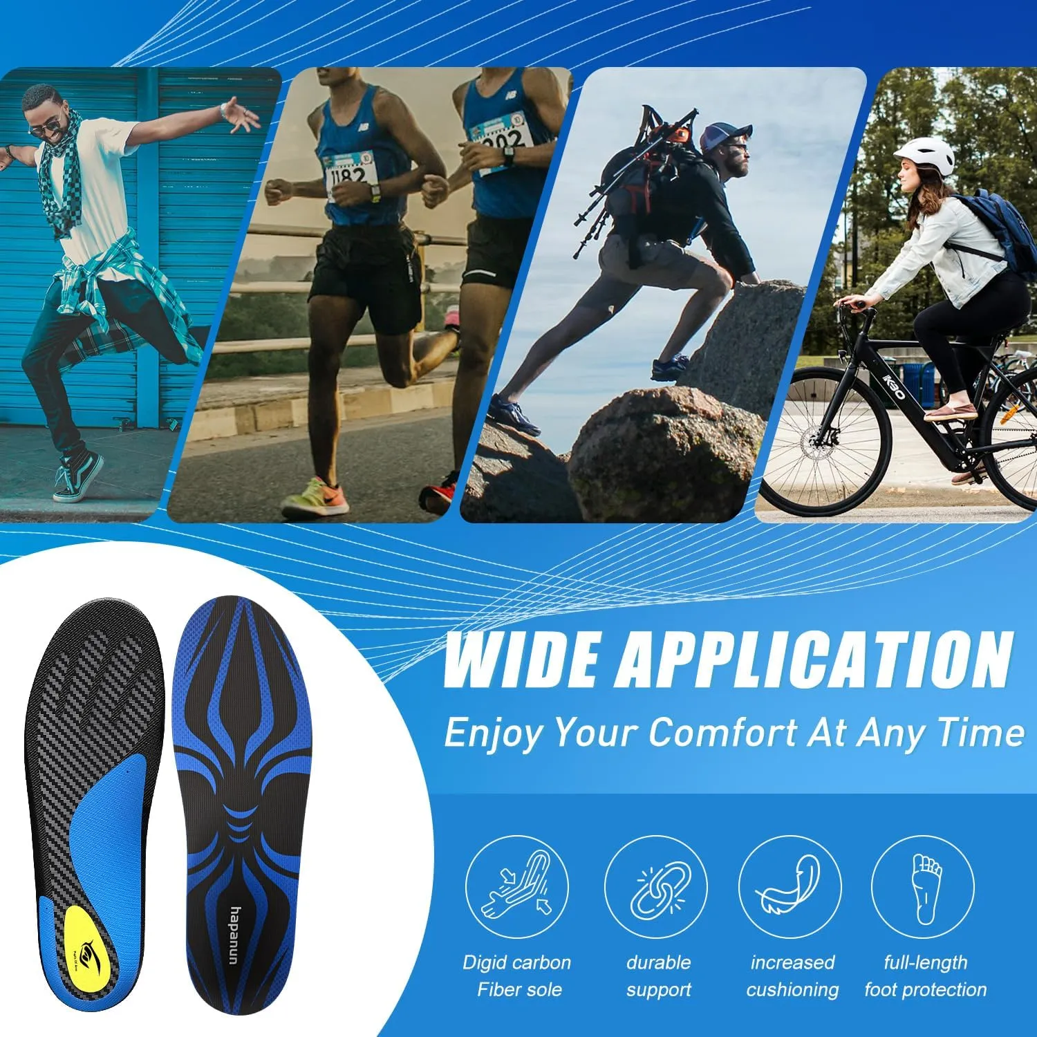 Carbon Fiber Insole with Arch Support for Long Periods of Standing, Jogging, Hiking and Other Outdoor Sports, as Well as a Work Boot Insole. (Blue, M：11.5/12丨W：12.5/13（310mm）)