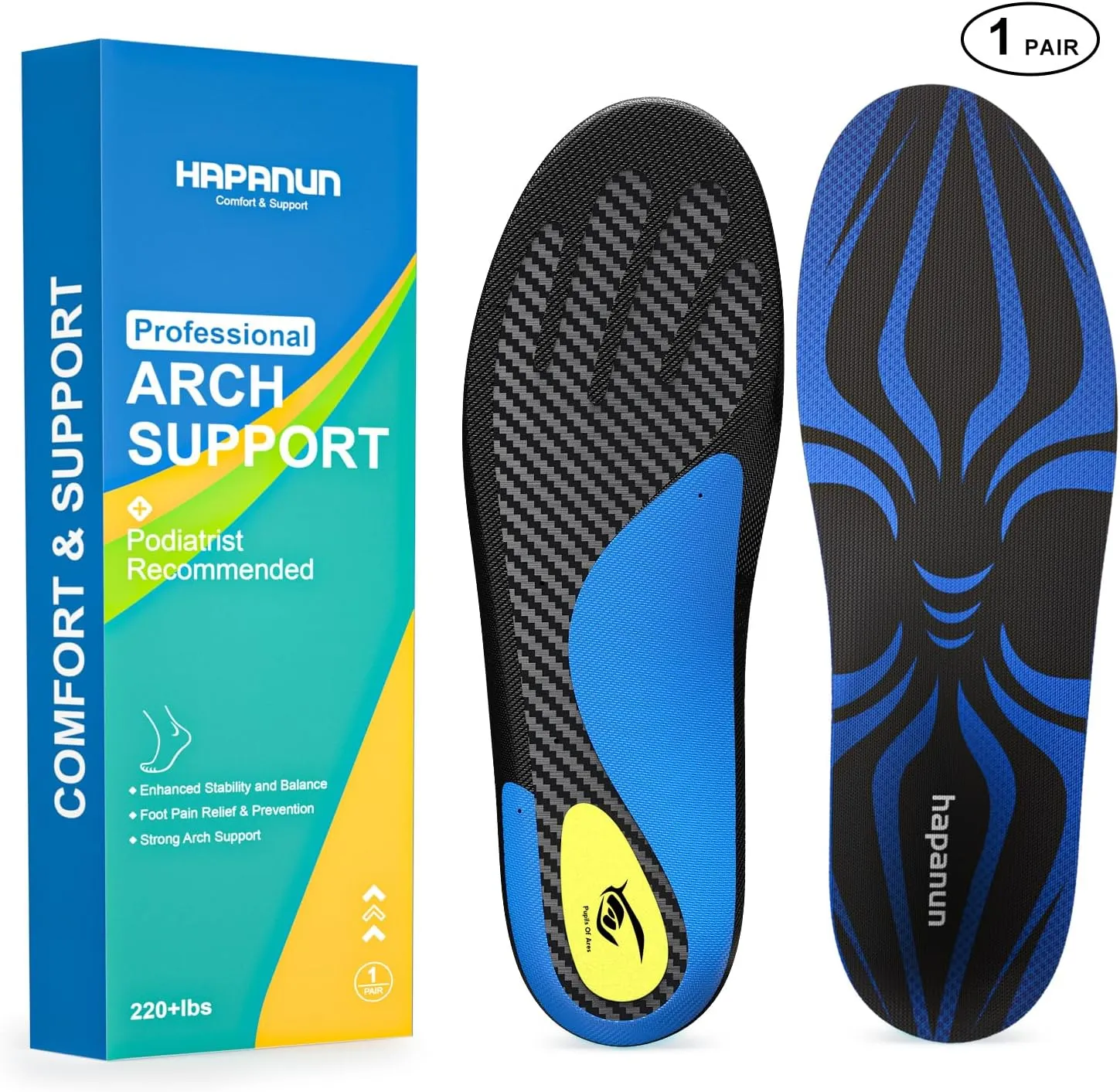 Carbon Fiber Insole with Arch Support for Long Periods of Standing, Jogging, Hiking and Other Outdoor Sports, as Well as a Work Boot Insole. (Blue, M：11.5/12丨W：12.5/13（310mm）)