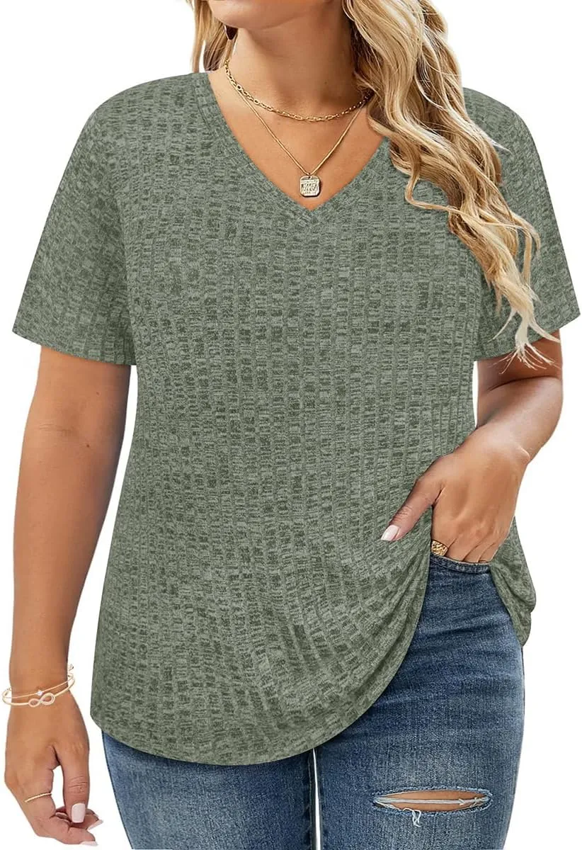 CARCOS Plus Size Tops for Women Short Sleeve Shirts Basic V Neck Summer Tshirts Casual Tunics XL-5XL