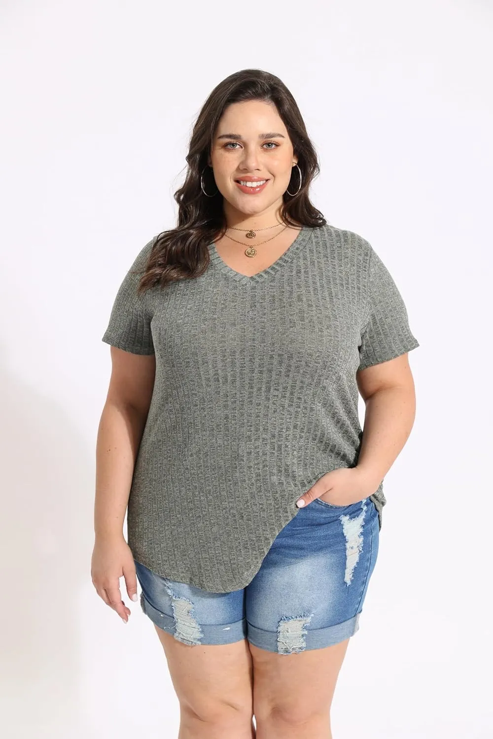 CARCOS Plus Size Tops for Women Short Sleeve Shirts Basic V Neck Summer Tshirts Casual Tunics XL-5XL