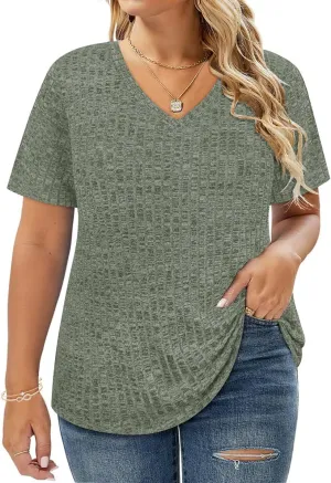 CARCOS Plus Size Tops for Women Short Sleeve Shirts Basic V Neck Summer Tshirts Casual Tunics XL-5XL