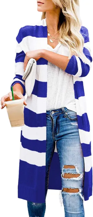 CARDYDONY Women's Long Cardigan Open Front Color Block Cardigan Knit Sweaters