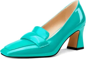 Castamere Womens Chunky Block Mid Heel Square Toe Pumps Slip-on Office Dress Patent Leather Loafers Shoes 2.8 Inches Heels
