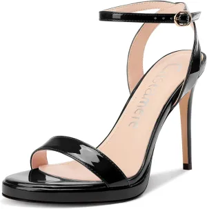 Castamere Womens Stiletto High Platform Heel Open Round Toe Sandals Ankle Strap Prom Basic Classic Patent Leather Summer 4.1 Inches Heels