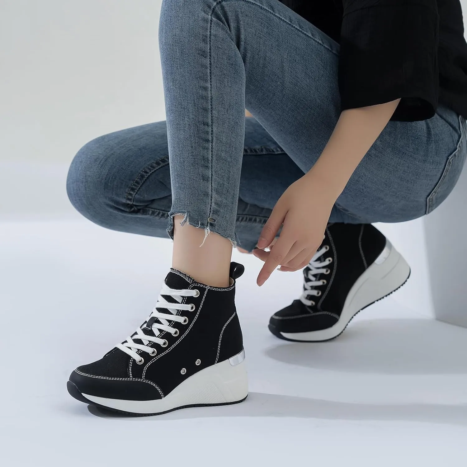 Cestfini Graffiti High Top Sneakers for Women Breathable White Black Platform Sneakers Lace up Womens Canvas Shoes
