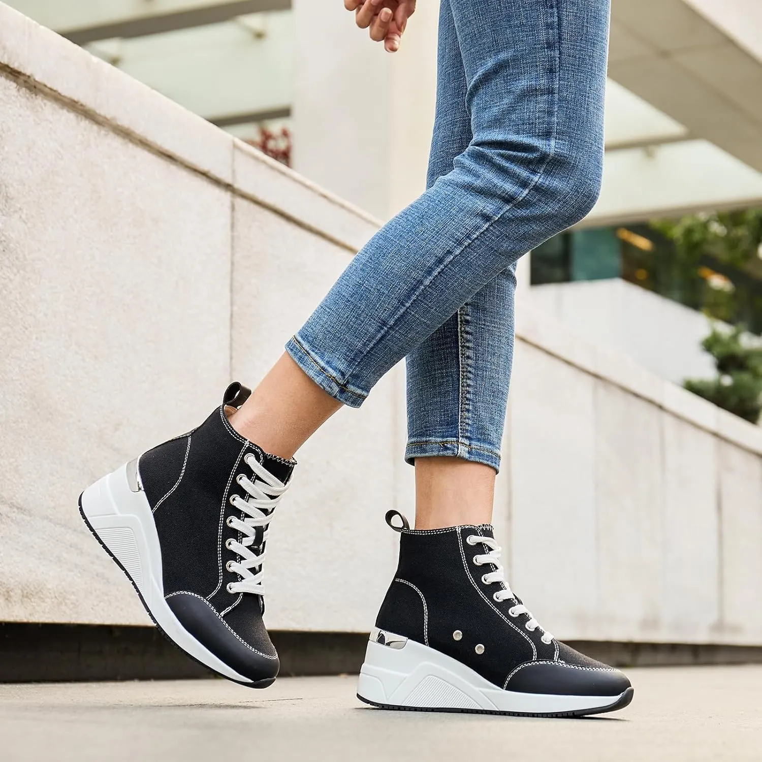 Cestfini Graffiti High Top Sneakers for Women Breathable White Black Platform Sneakers Lace up Womens Canvas Shoes