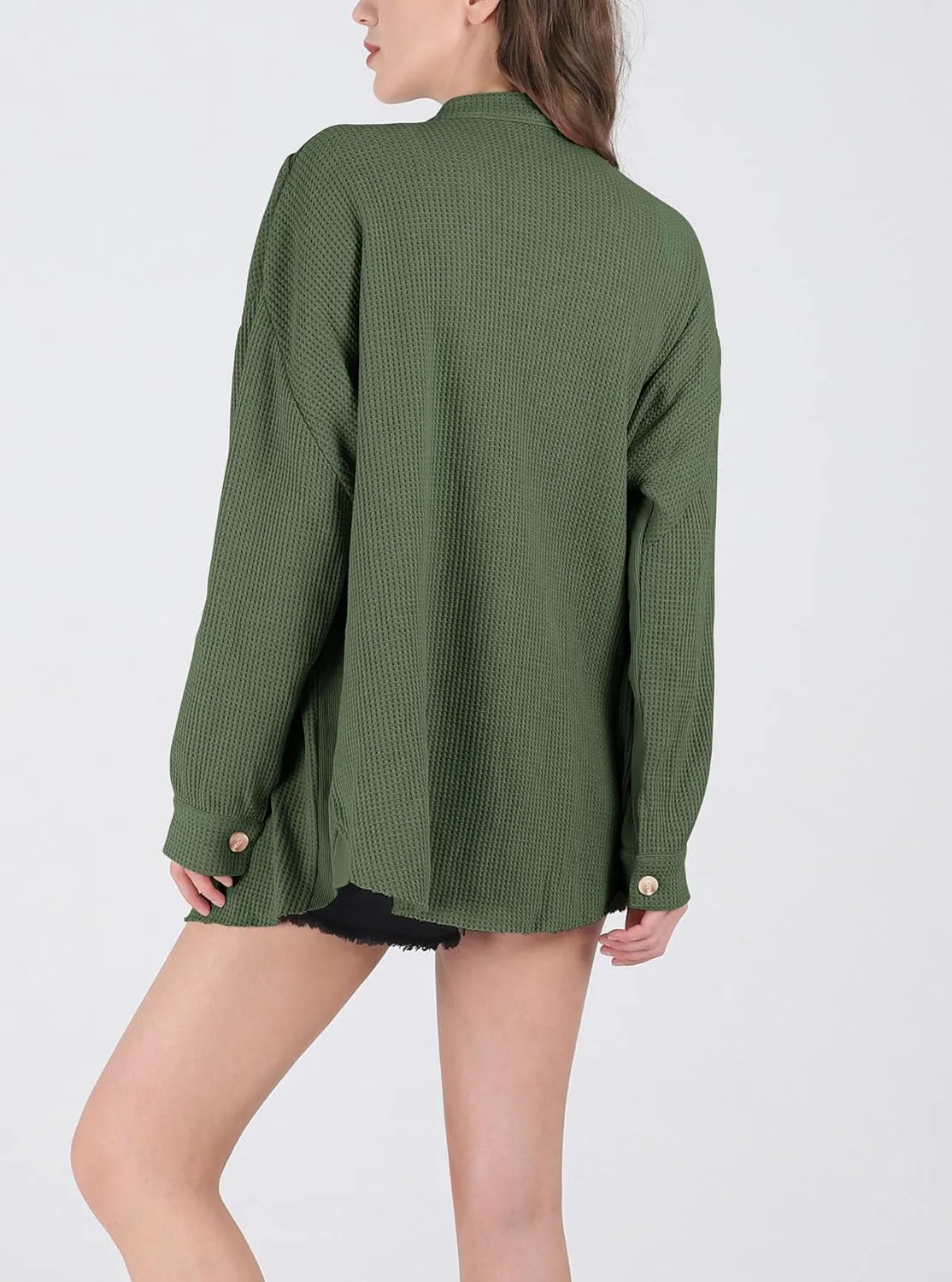 chouyatou Women's Loose Fit Batwing Sleeve Waffle Knit Button Down Shirt Shacket Tops