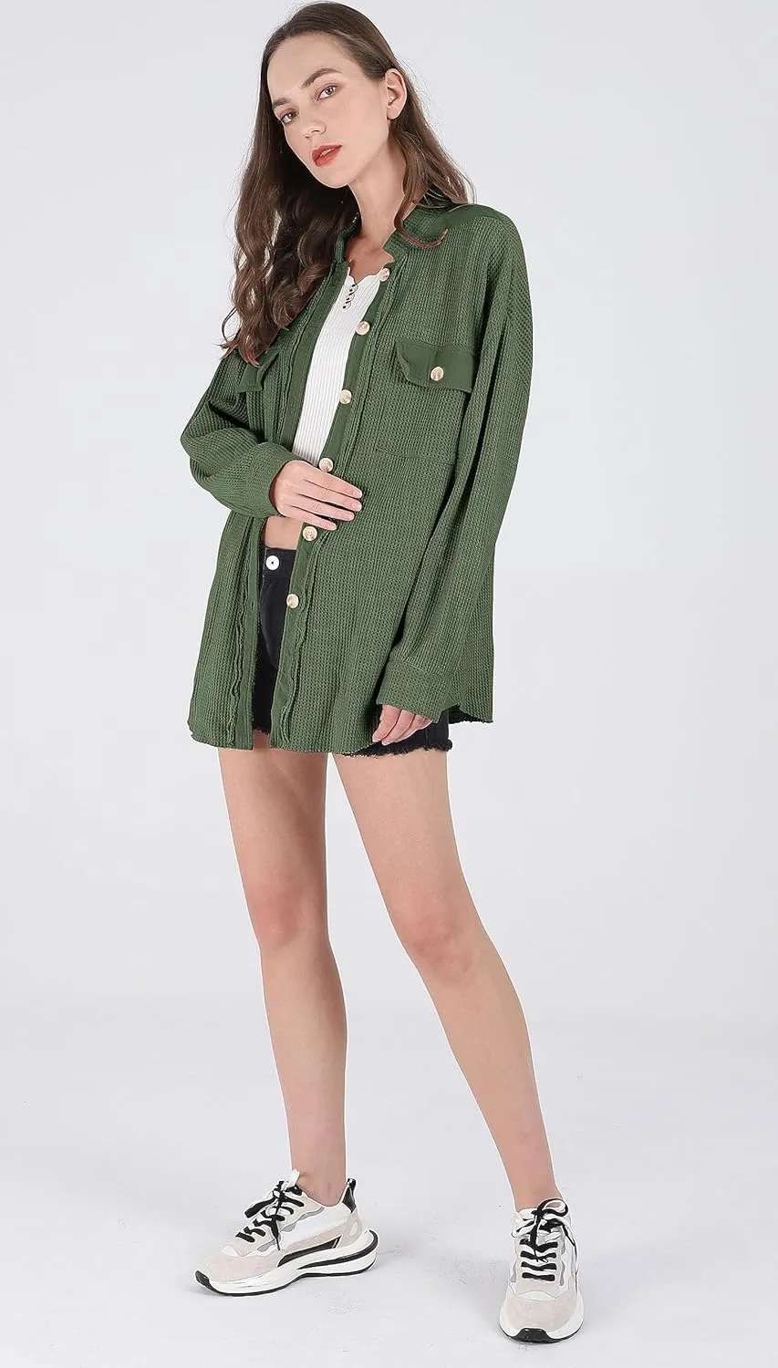 chouyatou Women's Loose Fit Batwing Sleeve Waffle Knit Button Down Shirt Shacket Tops