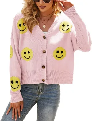 chouyatou Women's Loose-Fit Smile Face Jacquard Knitted Cardigan Sweater Jacket