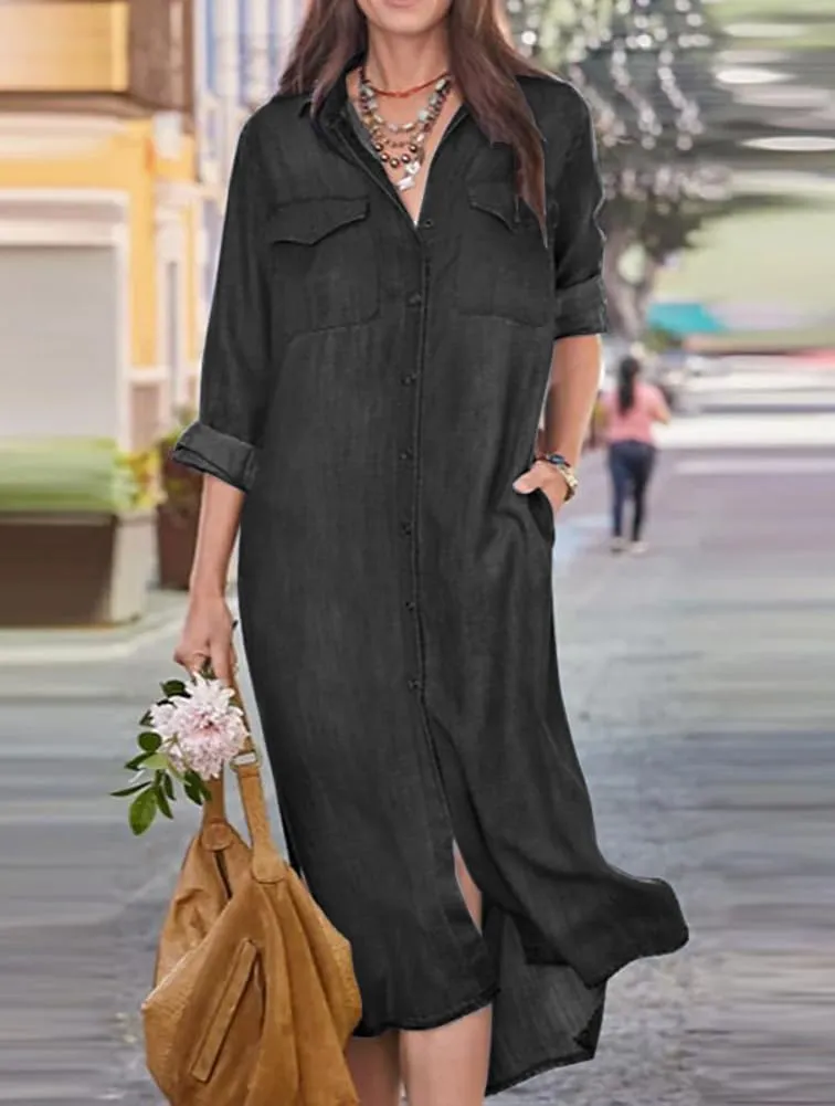 chouyatou Women's Summer Casual Denim Shirt Dress Roll Up Long Sleeve Loose Maxi Shift Jean Dress