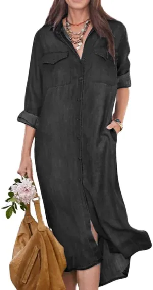 chouyatou Women's Summer Casual Denim Shirt Dress Roll Up Long Sleeve Loose Maxi Shift Jean Dress