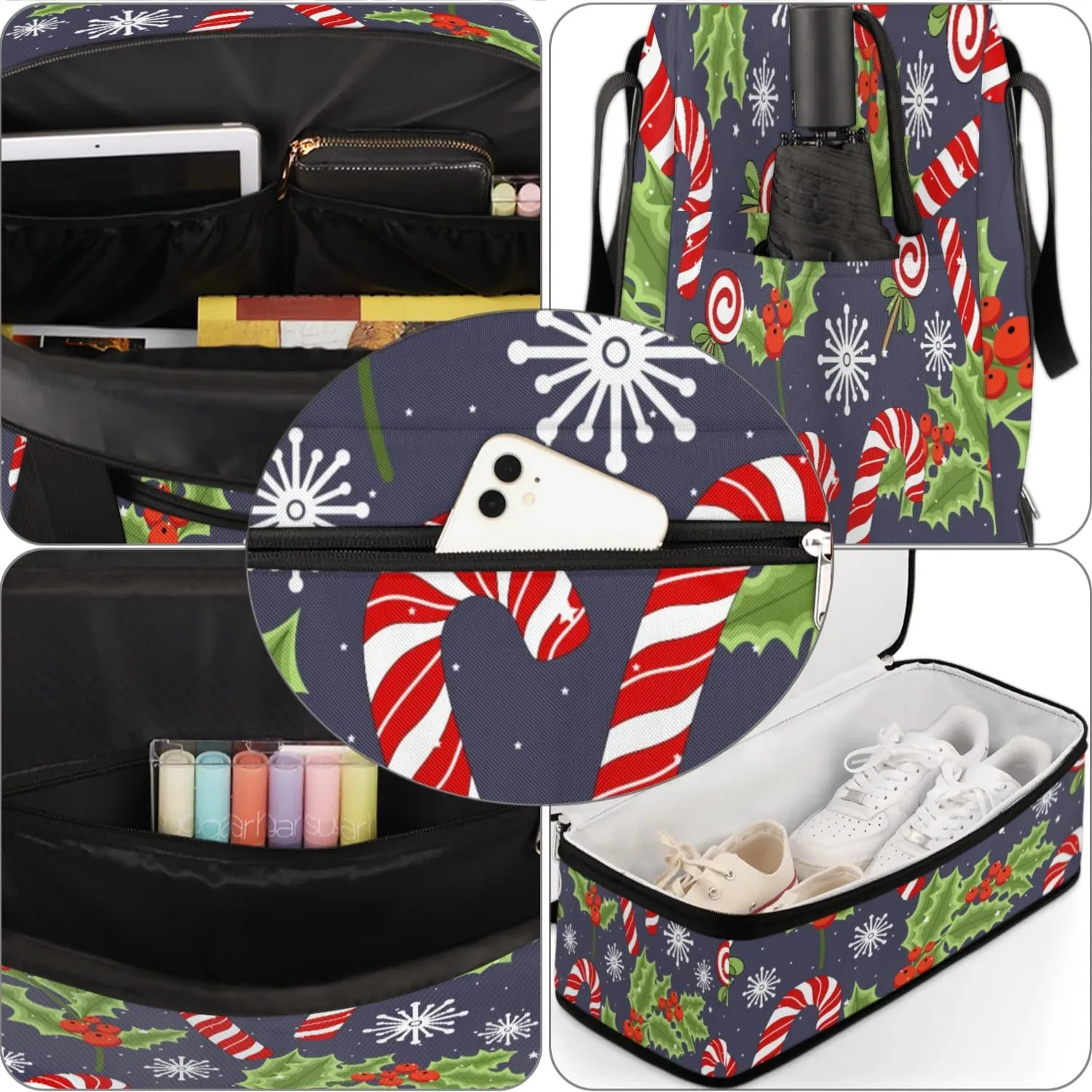 Christmas Cane Snowflakes Sports Gym Bag with Shoes Compartment Foldable Travel Duffel Bag Dry Wet Separated Sports Tote Workout Weekender Overnight Bag for Women Yoga Dance Work Training Handbag