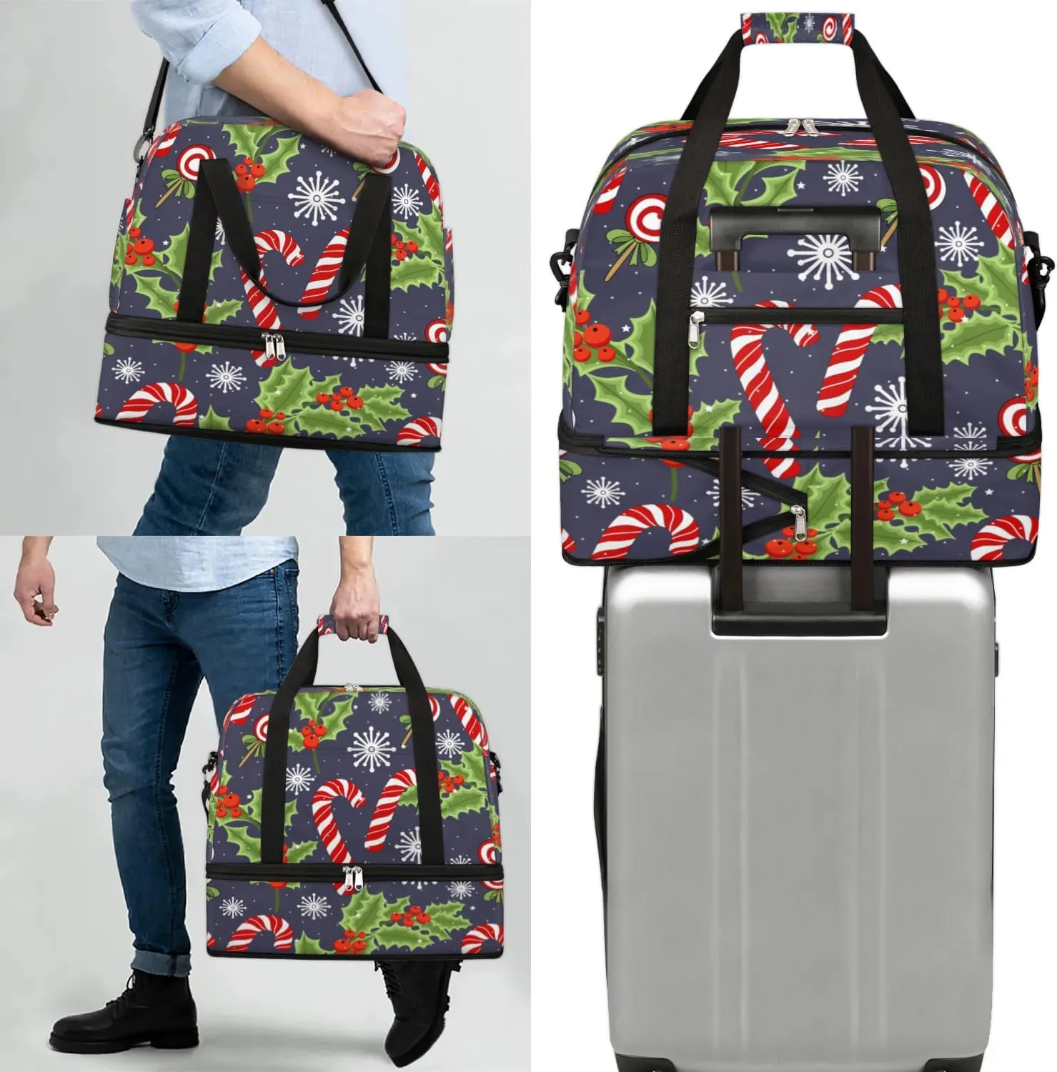 Christmas Cane Snowflakes Sports Gym Bag with Shoes Compartment Foldable Travel Duffel Bag Dry Wet Separated Sports Tote Workout Weekender Overnight Bag for Women Yoga Dance Work Training Handbag