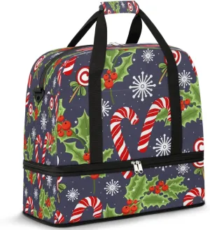 Christmas Cane Snowflakes Sports Gym Bag with Shoes Compartment Foldable Travel Duffel Bag Dry Wet Separated Sports Tote Workout Weekender Overnight Bag for Women Yoga Dance Work Training Handbag