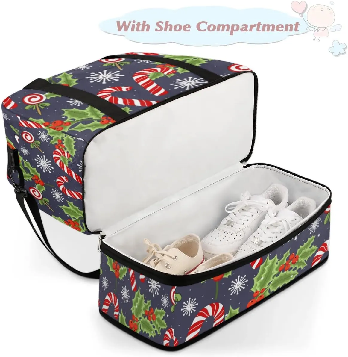 Christmas Cane Snowflakes Sports Gym Bag with Shoes Compartment Foldable Travel Duffel Bag Dry Wet Separated Sports Tote Workout Weekender Overnight Bag for Women Yoga Dance Work Training Handbag