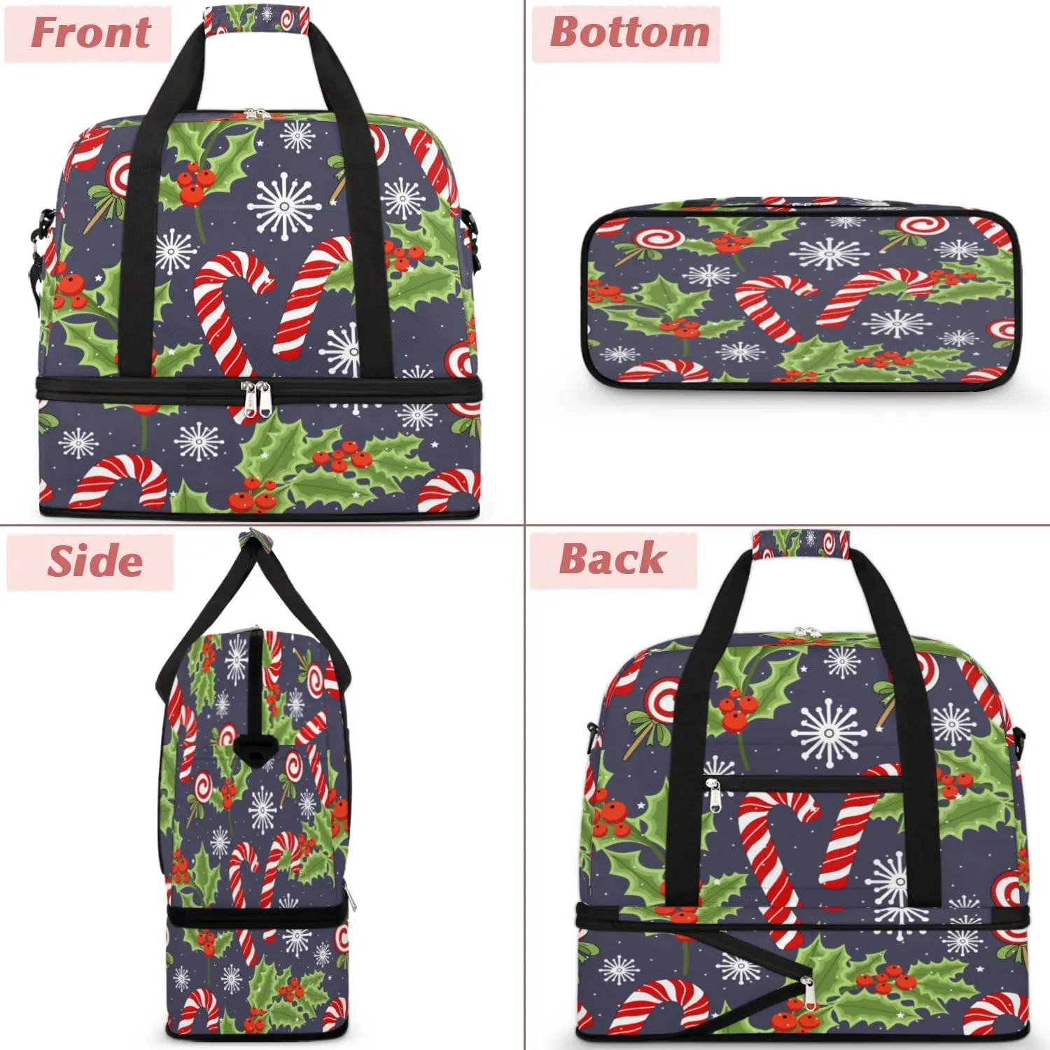 Christmas Cane Snowflakes Sports Gym Bag with Shoes Compartment Foldable Travel Duffel Bag Dry Wet Separated Sports Tote Workout Weekender Overnight Bag for Women Yoga Dance Work Training Handbag