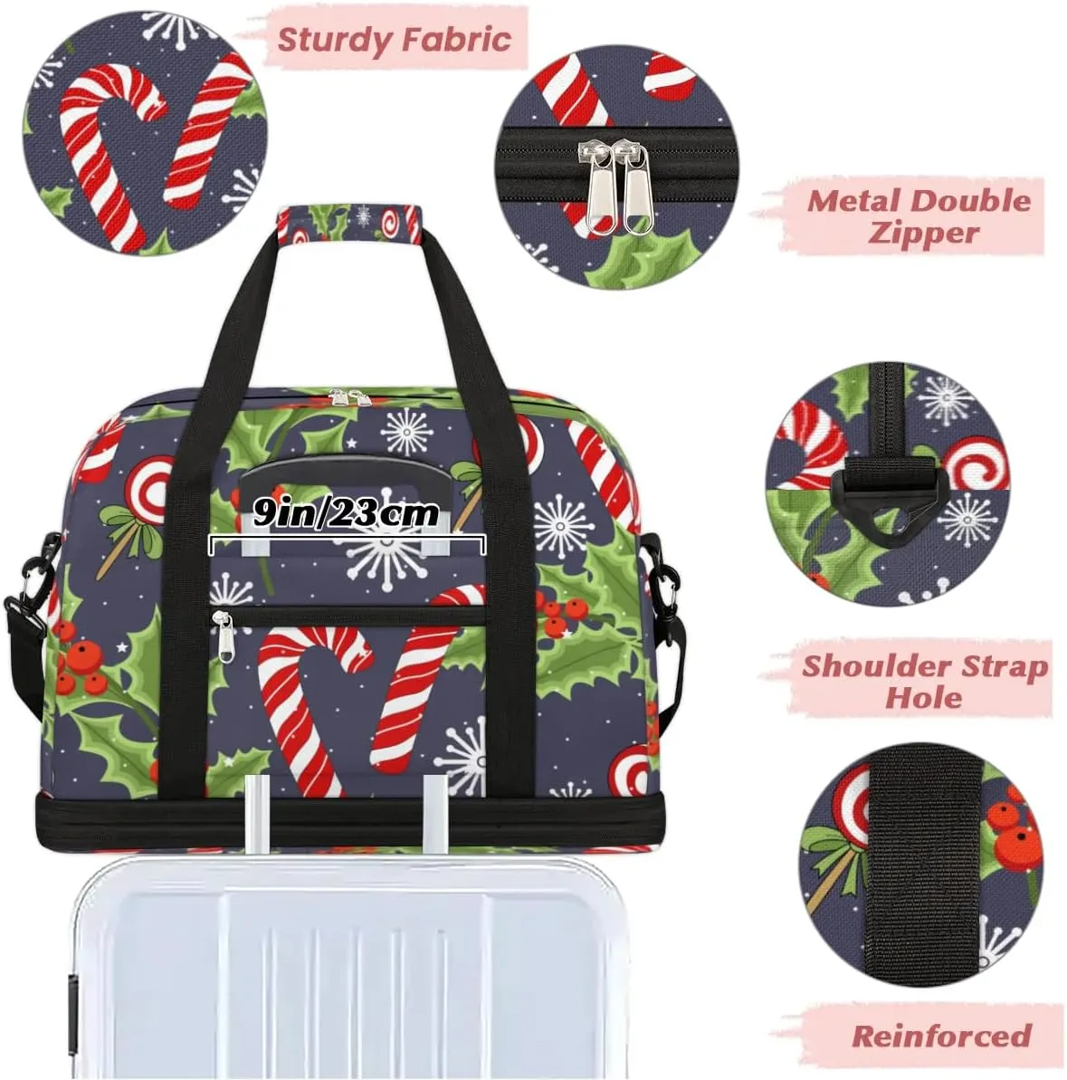 Christmas Cane Snowflakes Sports Gym Bag with Shoes Compartment Foldable Travel Duffel Bag Dry Wet Separated Sports Tote Workout Weekender Overnight Bag for Women Yoga Dance Work Training Handbag