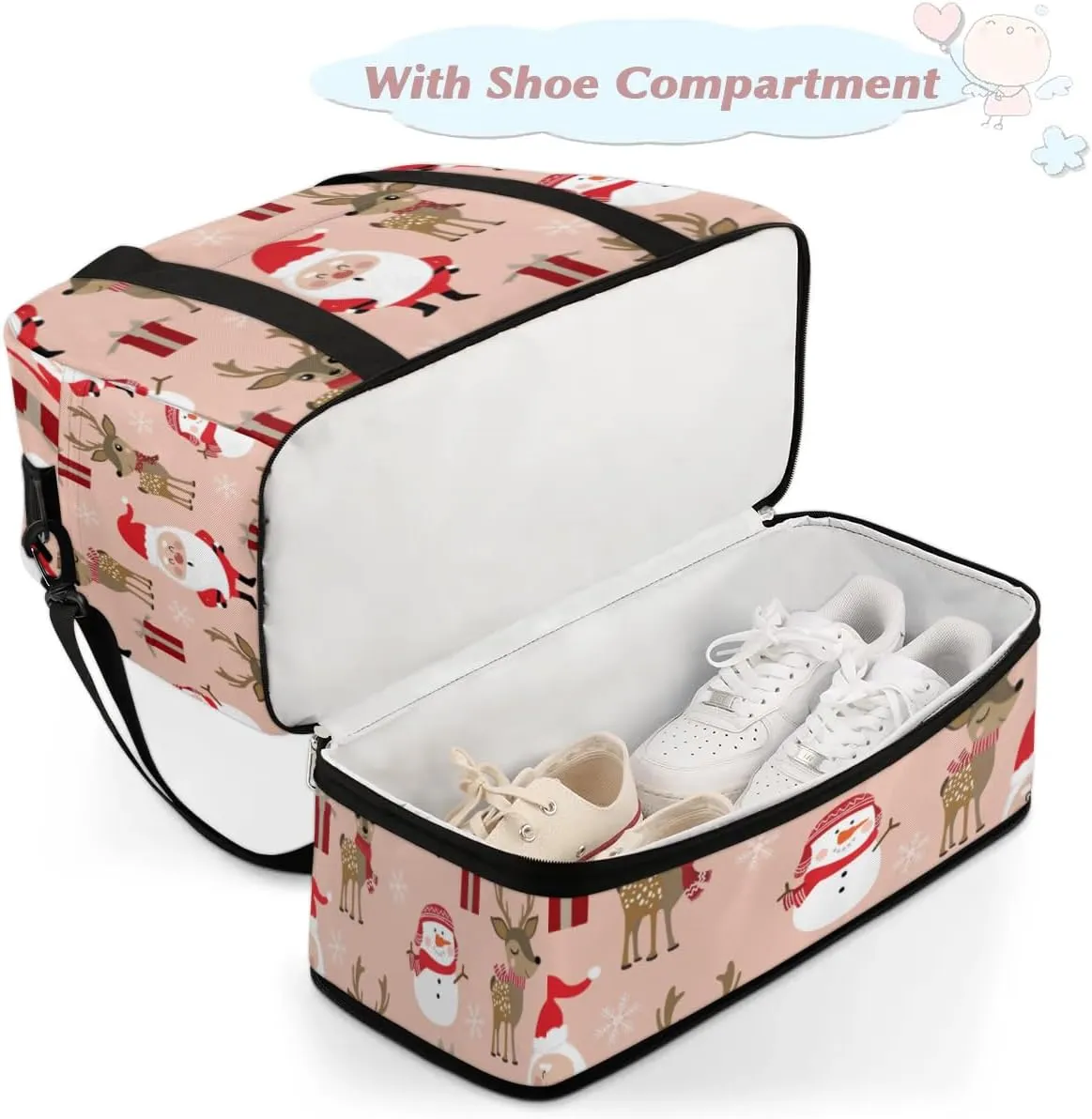 Christmas Elk Santa Claus Sports Gym Bag with Shoes Compartment Foldable Travel Duffel Bag Dry Wet Separated Sports Tote Workout Weekender Overnight Bag for Women Yoga Dance Work Training Handbag