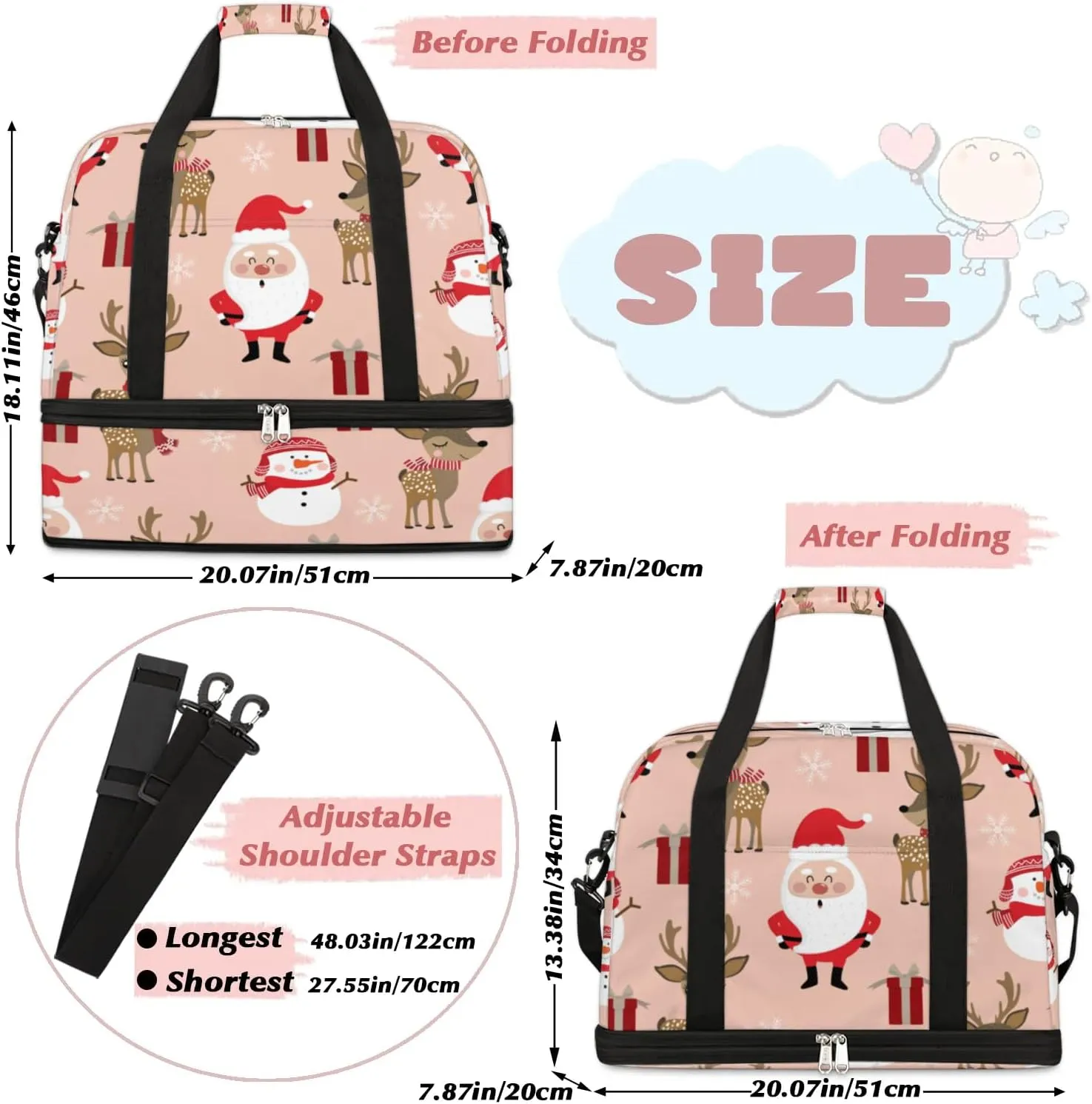 Christmas Elk Santa Claus Sports Gym Bag with Shoes Compartment Foldable Travel Duffel Bag Dry Wet Separated Sports Tote Workout Weekender Overnight Bag for Women Yoga Dance Work Training Handbag