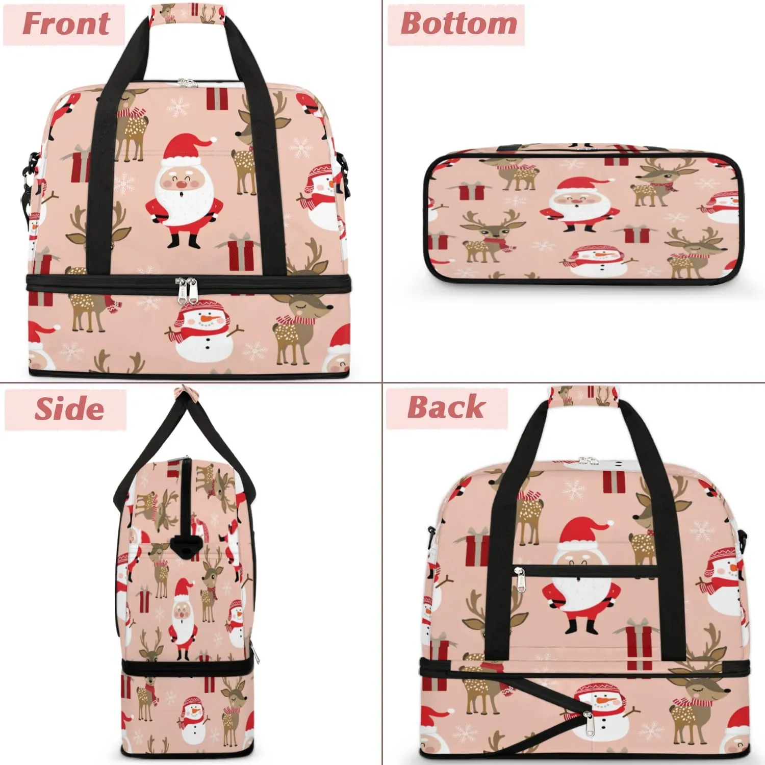 Christmas Elk Santa Claus Sports Gym Bag with Shoes Compartment Foldable Travel Duffel Bag Dry Wet Separated Sports Tote Workout Weekender Overnight Bag for Women Yoga Dance Work Training Handbag