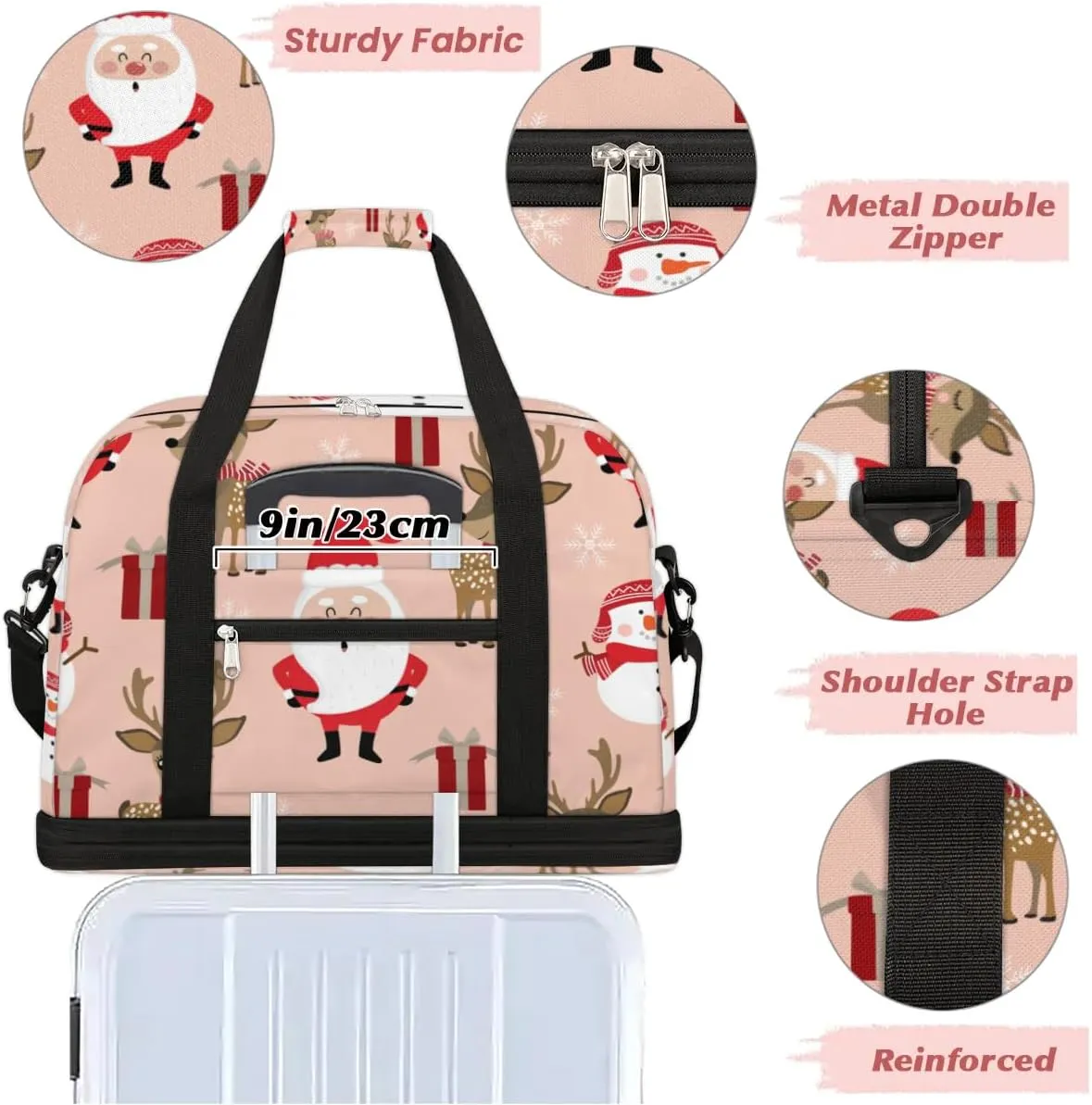 Christmas Elk Santa Claus Sports Gym Bag with Shoes Compartment Foldable Travel Duffel Bag Dry Wet Separated Sports Tote Workout Weekender Overnight Bag for Women Yoga Dance Work Training Handbag