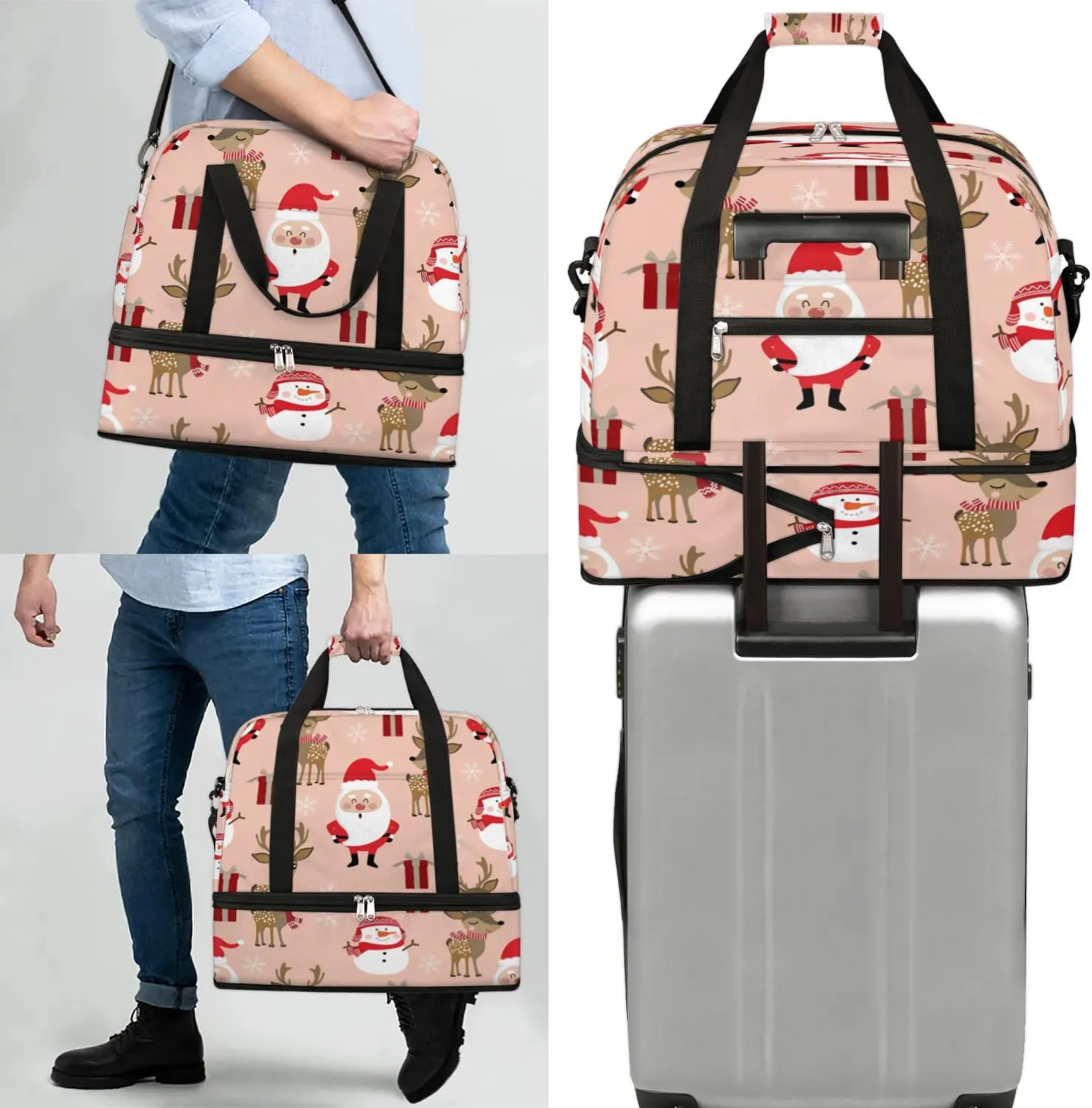 Christmas Elk Santa Claus Sports Gym Bag with Shoes Compartment Foldable Travel Duffel Bag Dry Wet Separated Sports Tote Workout Weekender Overnight Bag for Women Yoga Dance Work Training Handbag