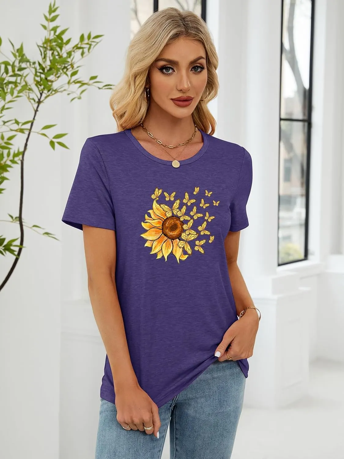 Chulianyouhuo Women's Graphic T Shirt Summer Floral Print Casual Crew Neck Blouse Loose Fit Basic Tee Tops