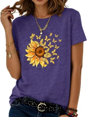 Chulianyouhuo Women's Graphic T Shirt Summer Floral Print Casual Crew Neck Blouse Loose Fit Basic Tee Tops