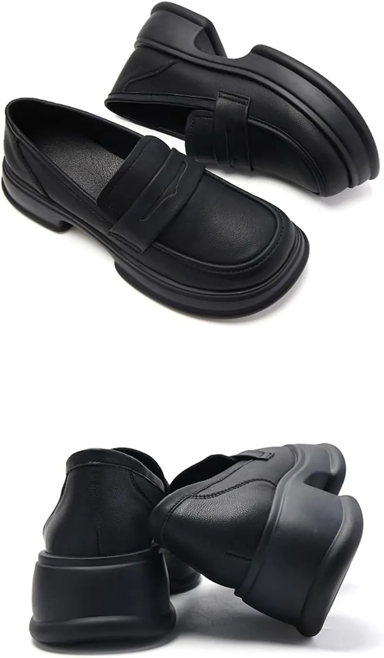 Chunky Heel Platform Penny Loafers Women's Waterproof Fashionable Round Wide Toe Slip-On Thick Sole Work Shoes for Uniform Business Work Formal Wear