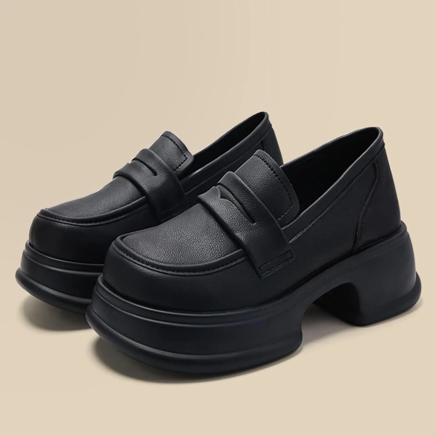 Chunky Heel Platform Penny Loafers Women's Waterproof Fashionable Round Wide Toe Slip-On Thick Sole Work Shoes for Uniform Business Work Formal Wear