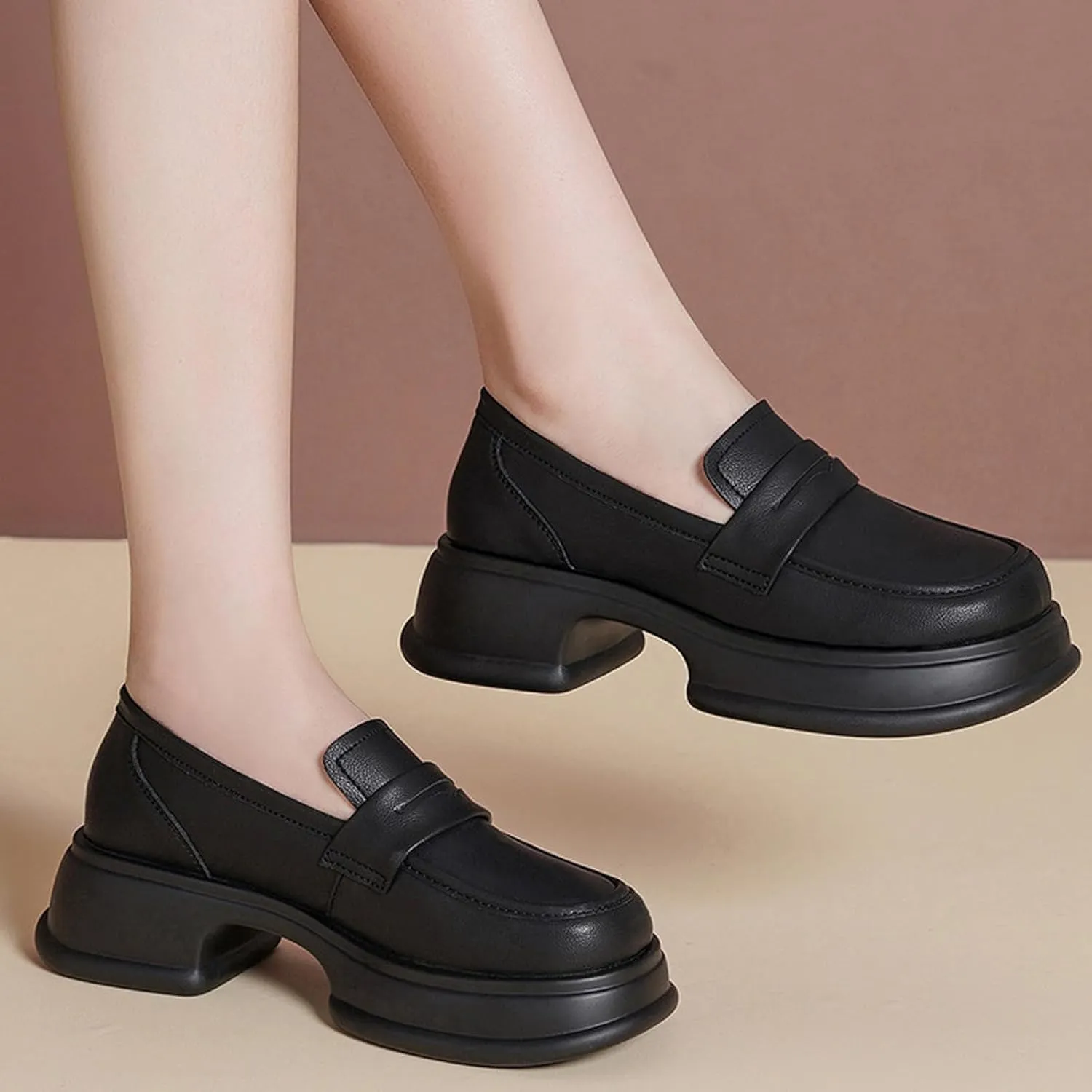 Chunky Heel Platform Penny Loafers Women's Waterproof Fashionable Round Wide Toe Slip-On Thick Sole Work Shoes for Uniform Business Work Formal Wear