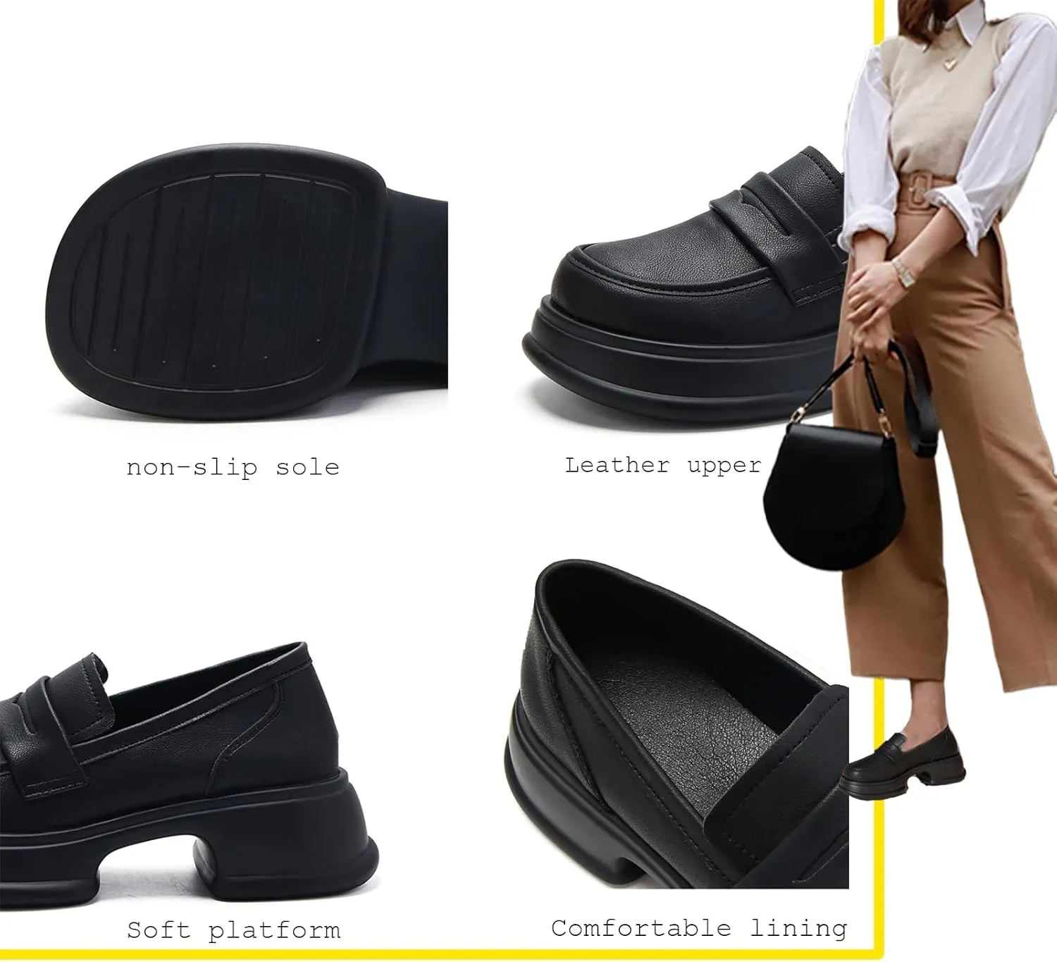 Chunky Heel Platform Penny Loafers Women's Waterproof Fashionable Round Wide Toe Slip-On Thick Sole Work Shoes for Uniform Business Work Formal Wear