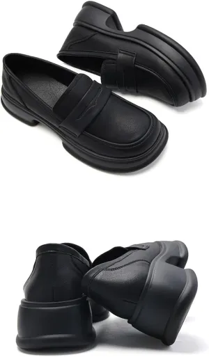 Chunky Heel Platform Penny Loafers Women's Waterproof Fashionable Round Wide Toe Slip-On Thick Sole Work Shoes for Uniform Business Work Formal Wear