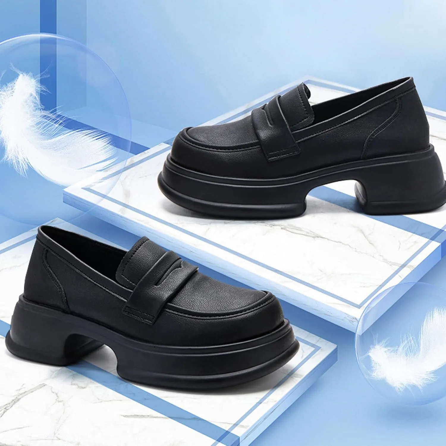 Chunky Heel Platform Penny Loafers Women's Waterproof Fashionable Round Wide Toe Slip-On Thick Sole Work Shoes for Uniform Business Work Formal Wear