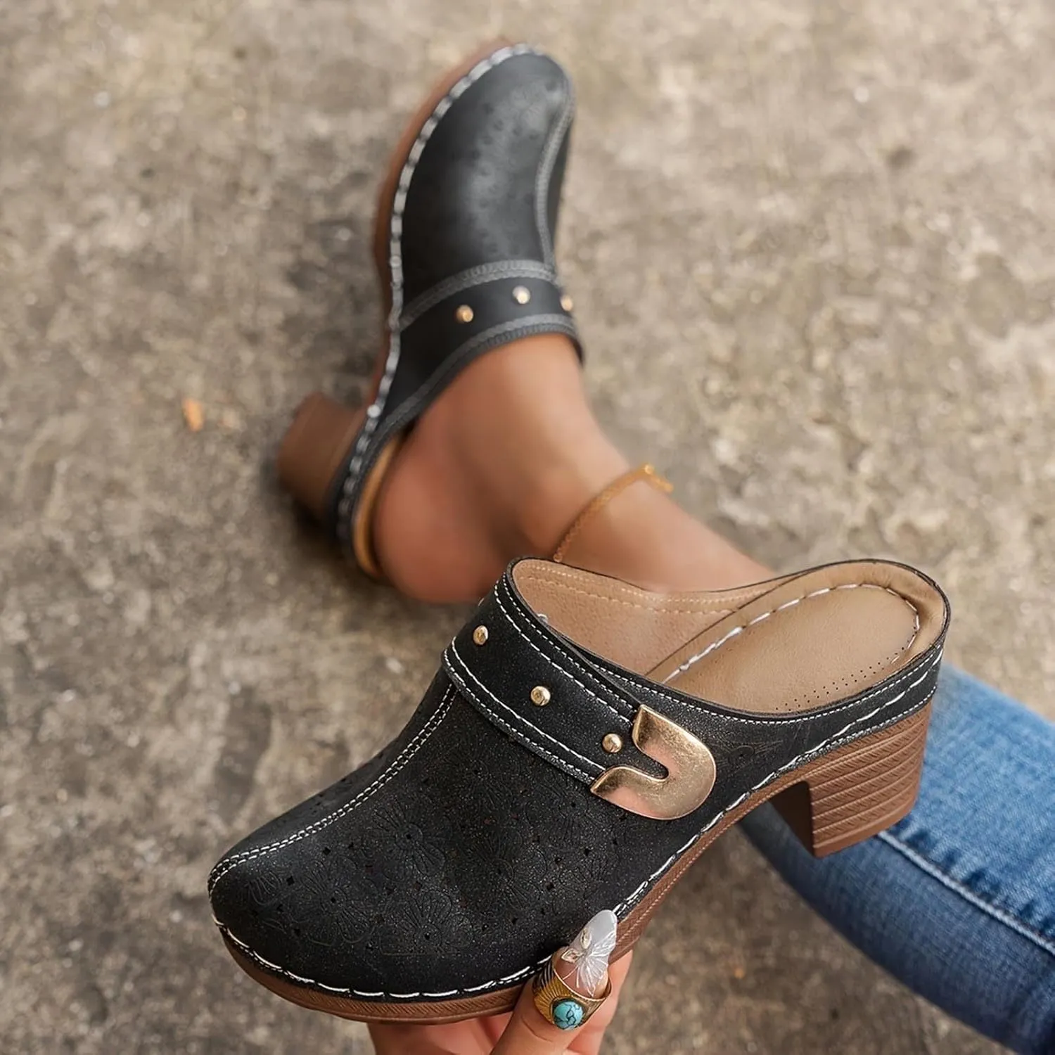 Chunky Heel Sandals for Women Open Back Leather Clogs Mules Hollow Out Closed Toe Sandals, Metal Decoration Casual Breathable Backless Mules Sandal Comfortable Orthopedic Shoes