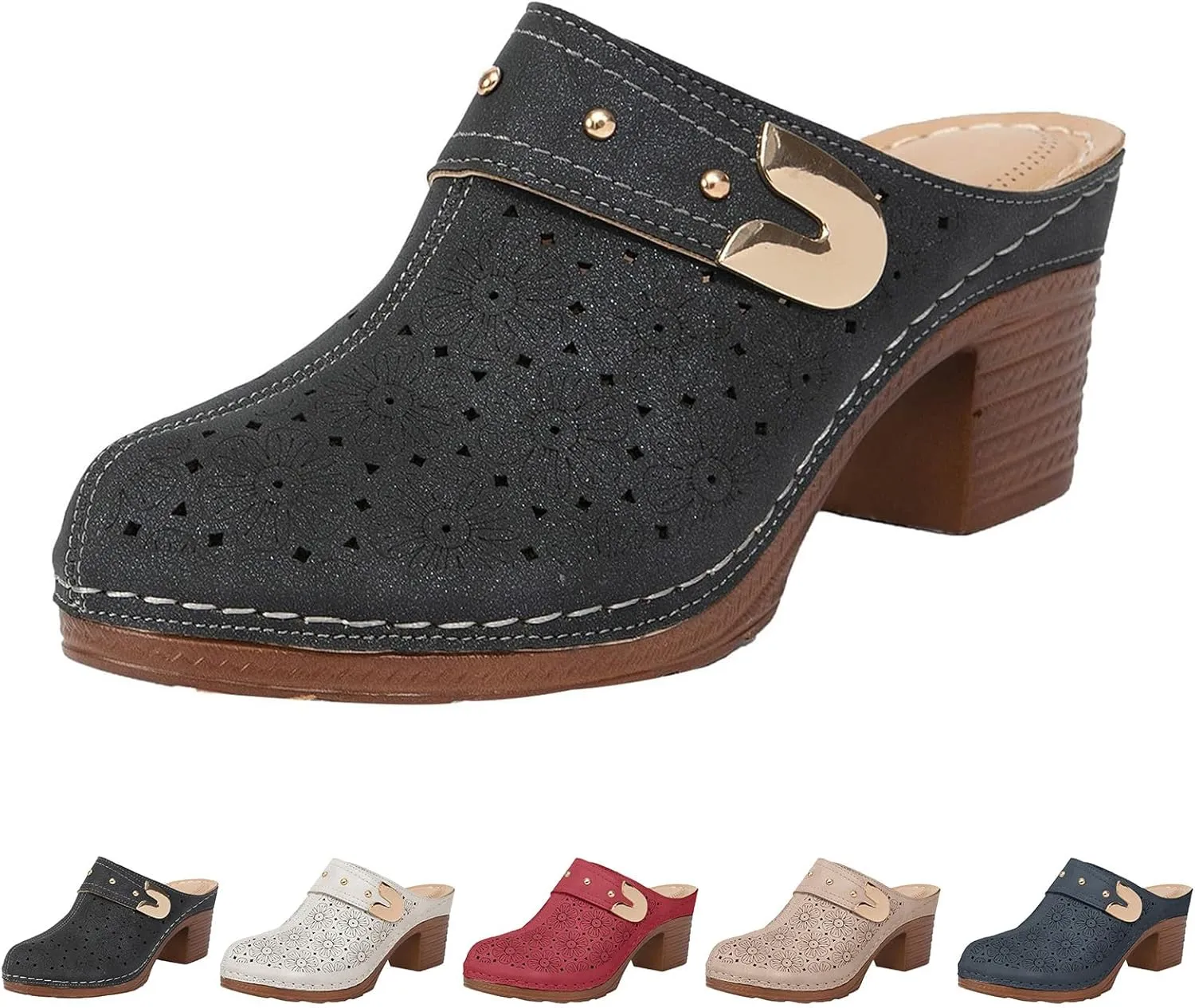 Chunky Heel Sandals for Women Open Back Leather Clogs Mules Hollow Out Closed Toe Sandals, Metal Decoration Casual Breathable Backless Mules Sandal Comfortable Orthopedic Shoes