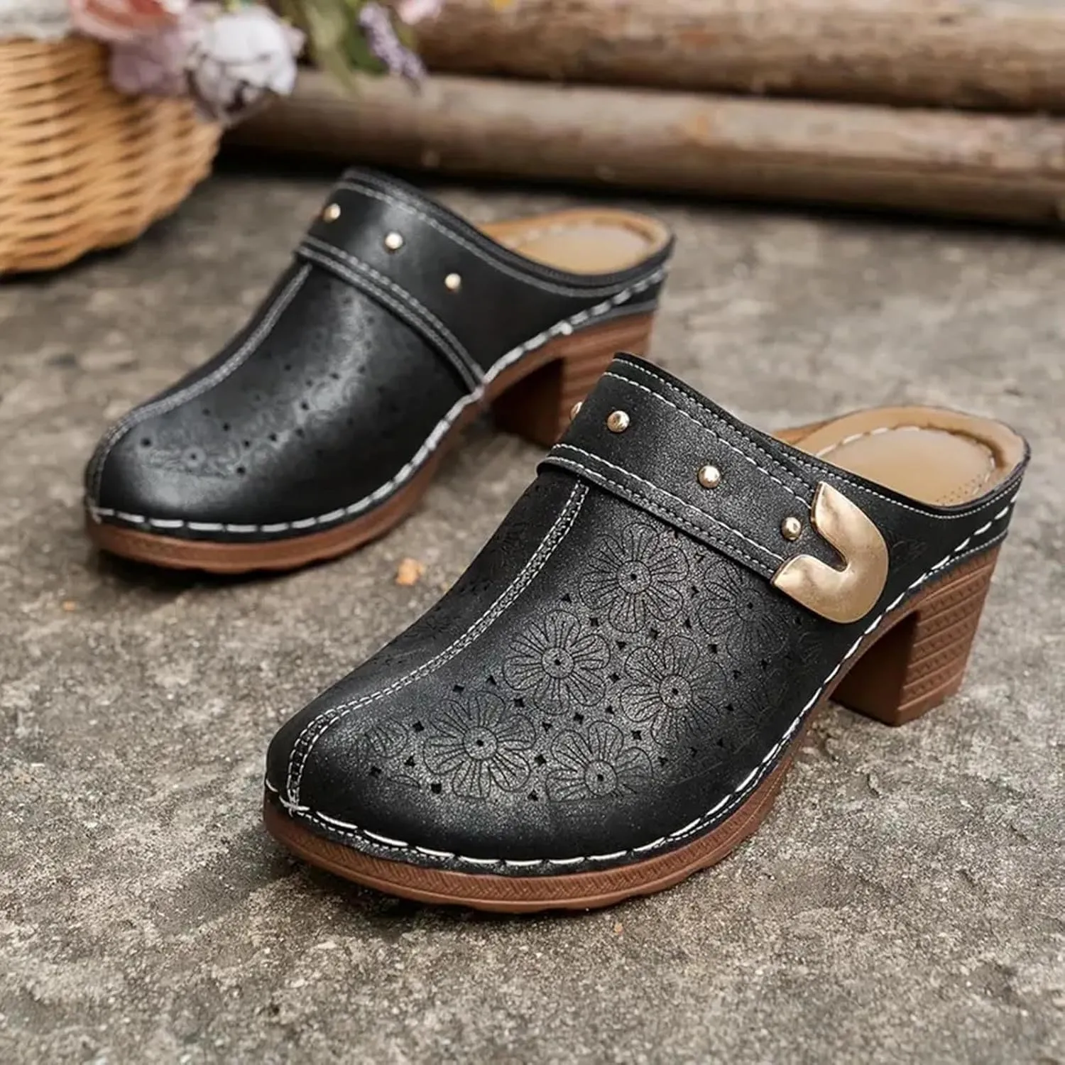 Chunky Heel Sandals for Women Open Back Leather Clogs Mules Hollow Out Closed Toe Sandals, Metal Decoration Casual Breathable Backless Mules Sandal Comfortable Orthopedic Shoes