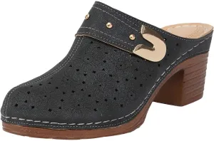 Chunky Heel Sandals for Women Open Back Leather Clogs Mules Hollow Out Closed Toe Sandals, Metal Decoration Casual Breathable Backless Mules Sandal Comfortable Orthopedic Shoes