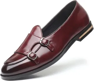 Classic Vintage Loafers for Men Casual Slip on Shoes with Double Monk Strap Faux Leather Burnished Pointed Toe Block Heel Solid Color Casual