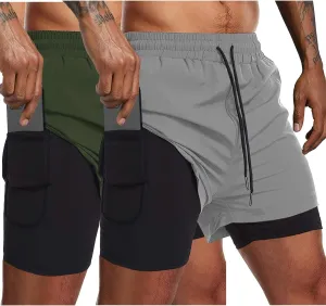 COOFANDY Men's 2 Pack Running Shorts 2 in 1 Workout Shorts Quick Dry Gym Training Athletic Jogger with Phone Pockets