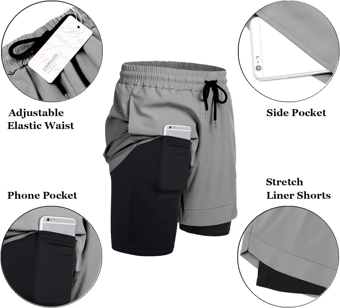 COOFANDY Men's 2 Pack Running Shorts 2 in 1 Workout Shorts Quick Dry Gym Training Athletic Jogger with Phone Pockets