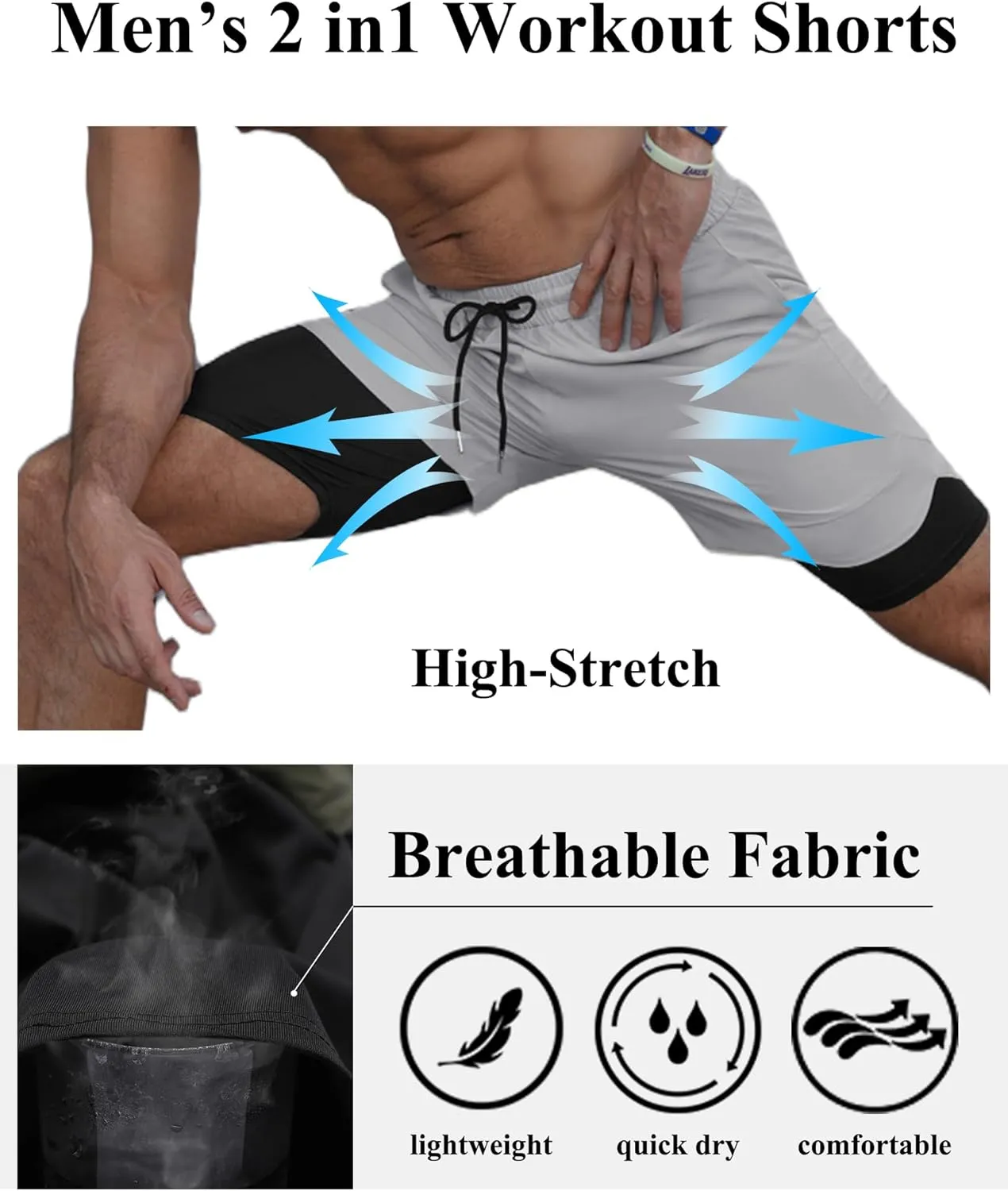 COOFANDY Men's 2 Pack Running Shorts 2 in 1 Workout Shorts Quick Dry Gym Training Athletic Jogger with Phone Pockets