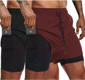 COOFANDY Men's 2 Pack Running Shorts 2 in 1 Workout Shorts Quick Dry Gym Training Athletic Jogger with Phone Pockets