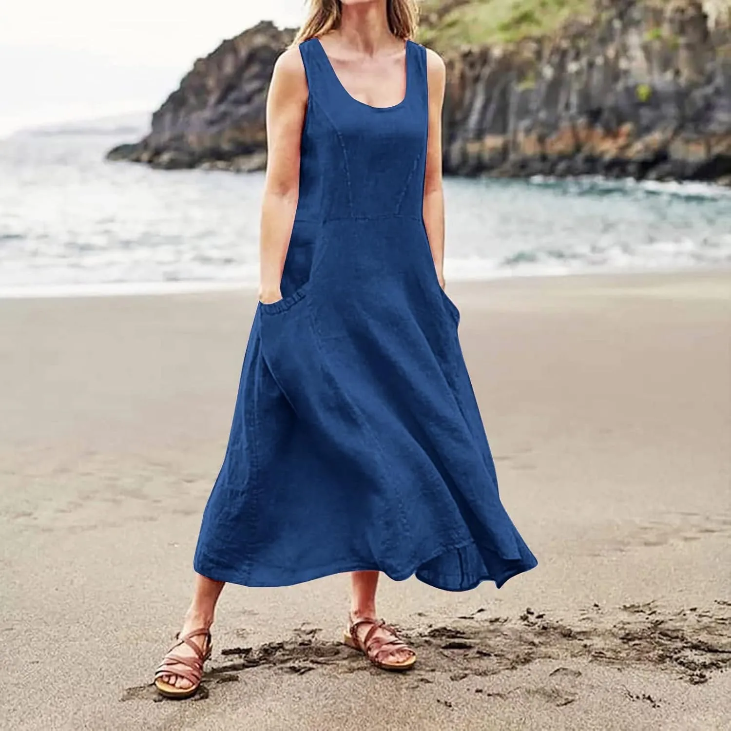Cotton Linen Dresses for Women 2025 Casual Sleeveless Summer Beach Outfits Plus Size Spring Vacation Maxi Sundresses