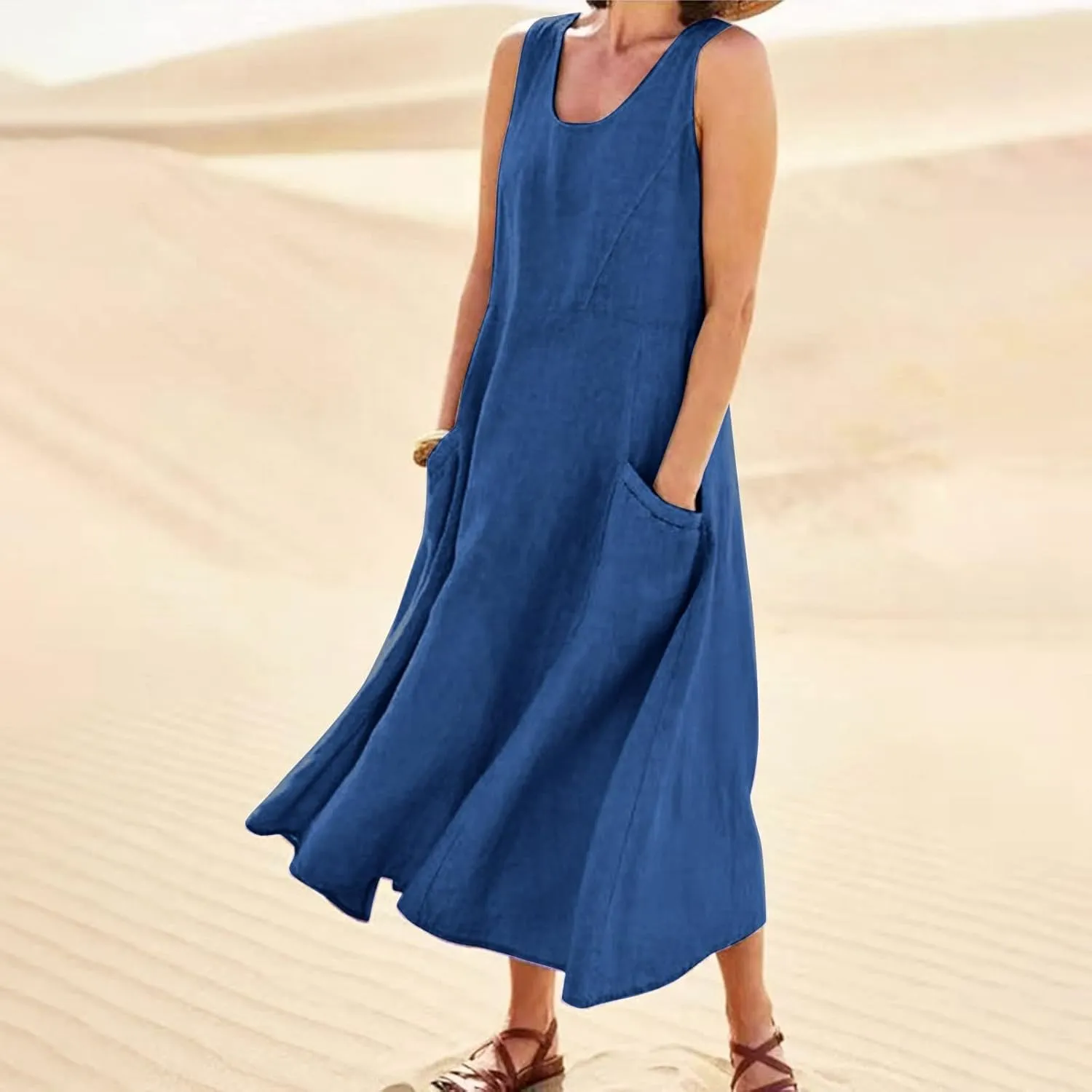 Cotton Linen Dresses for Women 2025 Casual Sleeveless Summer Beach Outfits Plus Size Spring Vacation Maxi Sundresses