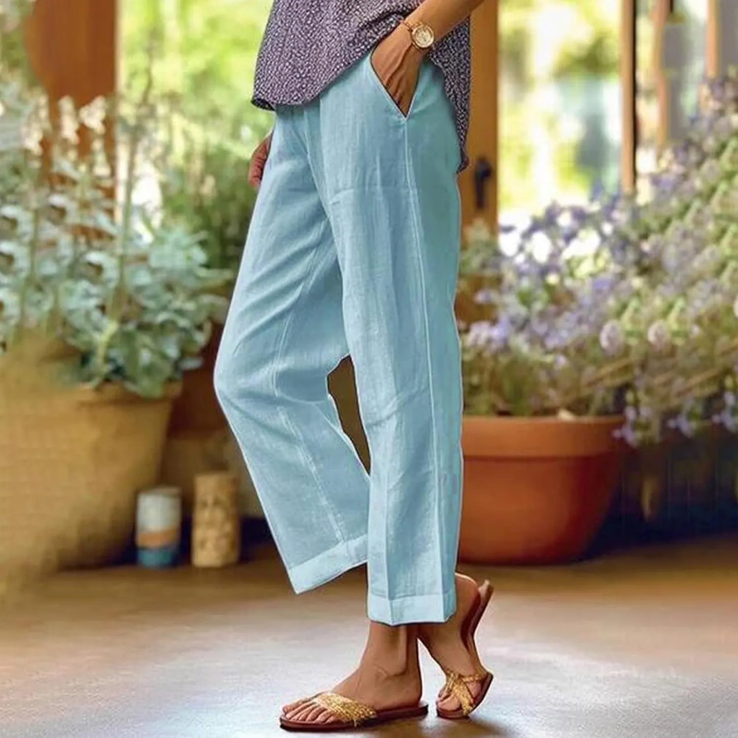 Cotton Linen Pants Women Summer Elastic Straight Leg Pants Plus Size Wide Leg Crop Pants Beach Trousers with Pockets