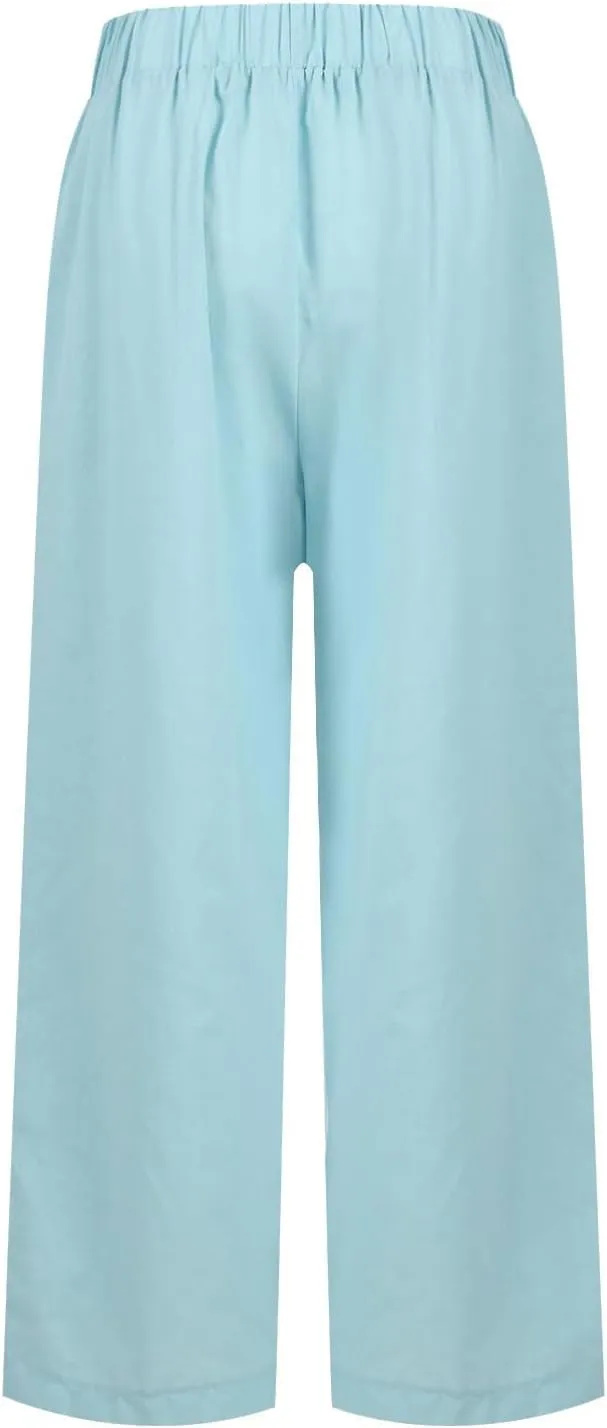 Cotton Linen Pants Women Summer Elastic Straight Leg Pants Plus Size Wide Leg Crop Pants Beach Trousers with Pockets