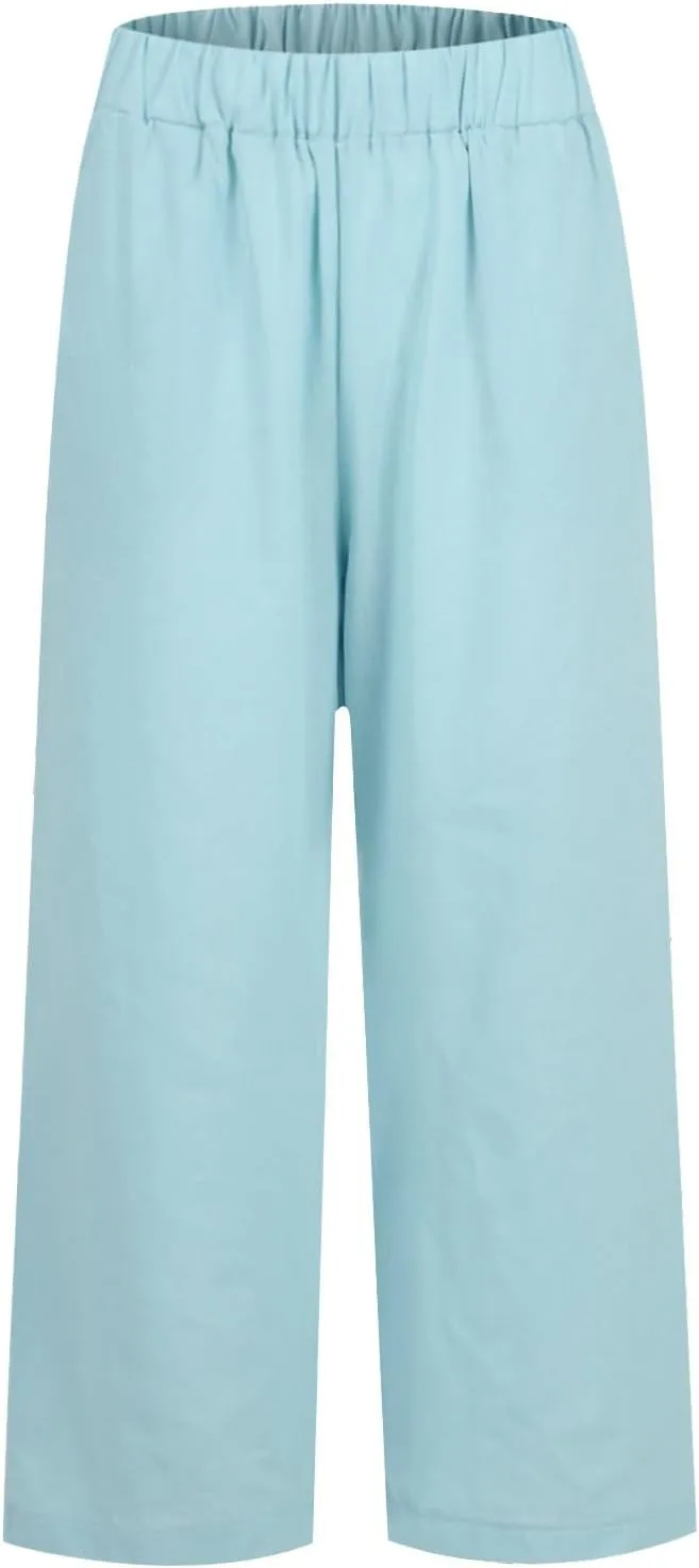 Cotton Linen Pants Women Summer Elastic Straight Leg Pants Plus Size Wide Leg Crop Pants Beach Trousers with Pockets