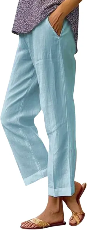 Cotton Linen Pants Women Summer Elastic Straight Leg Pants Plus Size Wide Leg Crop Pants Beach Trousers with Pockets
